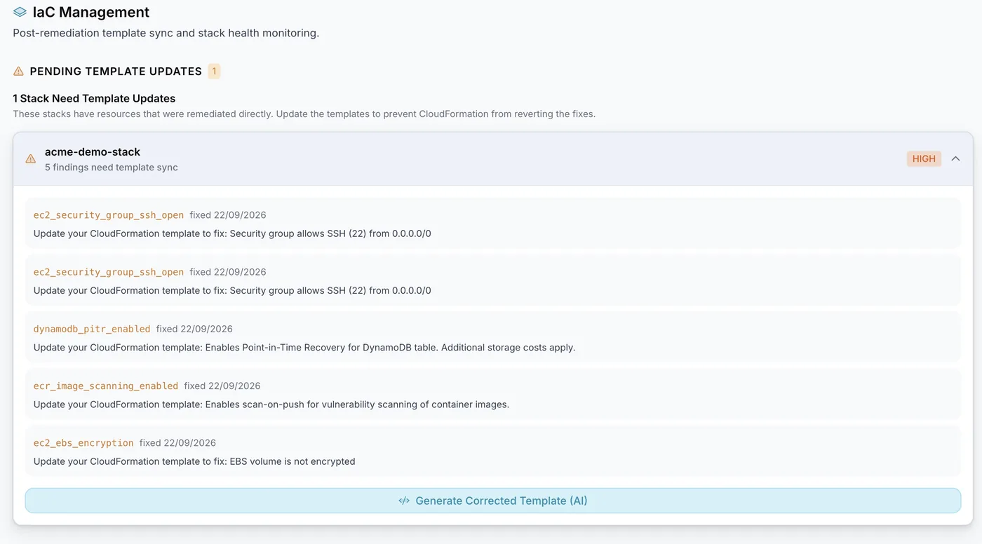 IaC Governance showing pending template updates and stack health