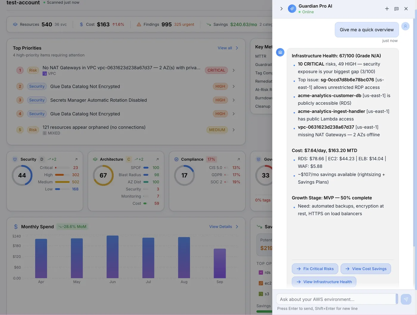 AI Assistant response with action buttons for remediation and navigation