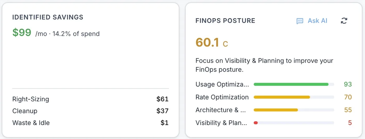 Identified savings split by type, and a FinOps posture score with four areas