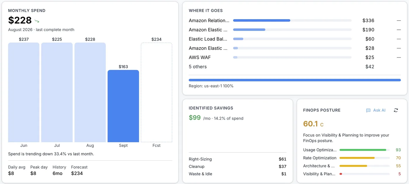 Monthly spend chart, spend by service, identified savings and FinOps score