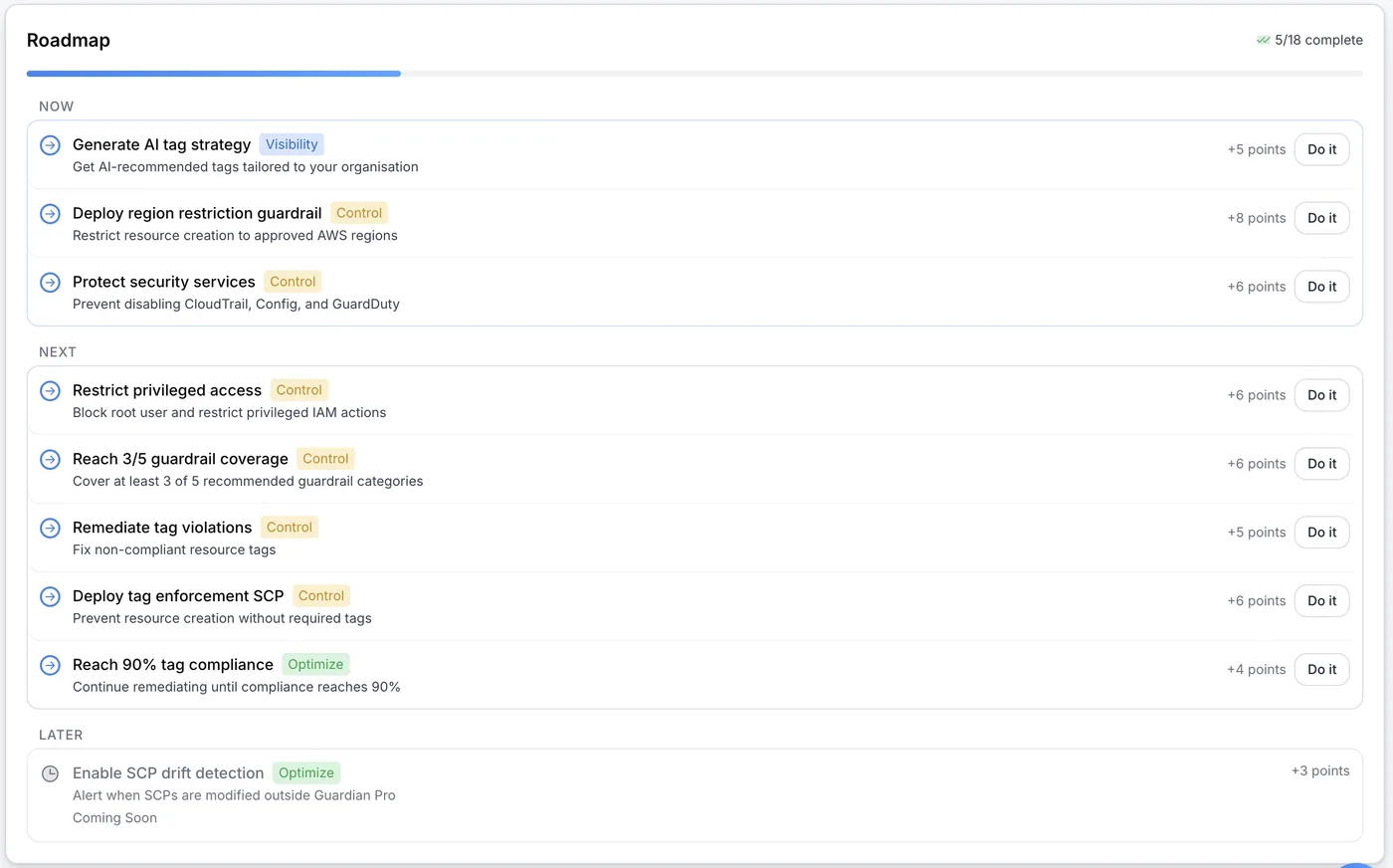 Governance roadmap with Now, Next and Later steps, points per step and Do it buttons