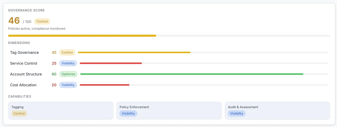 Governance score of 46 out of 100 at Control level, with scores for four dimensions and capability checks