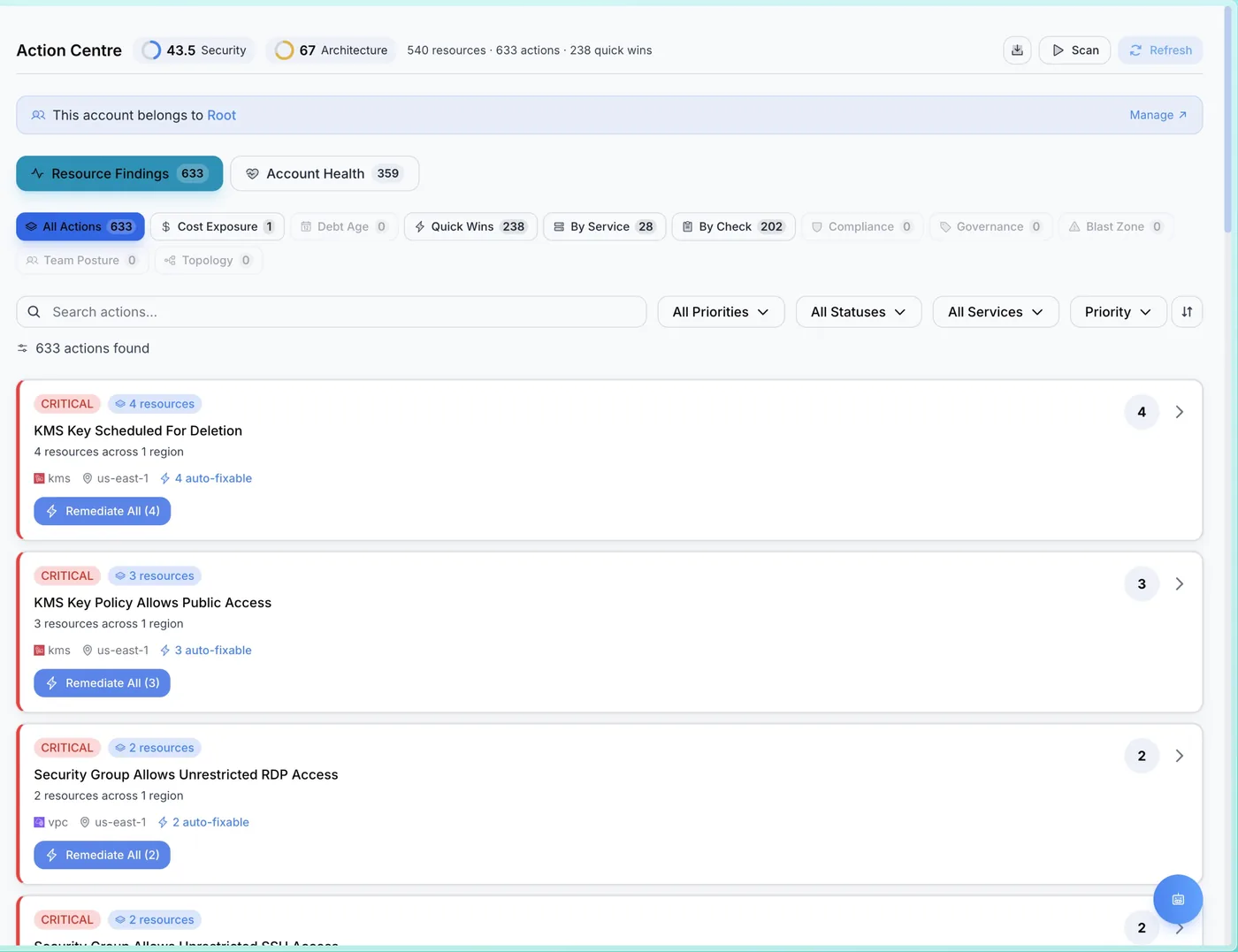 Action Centre showing prioritised findings with lens views and bulk operations
