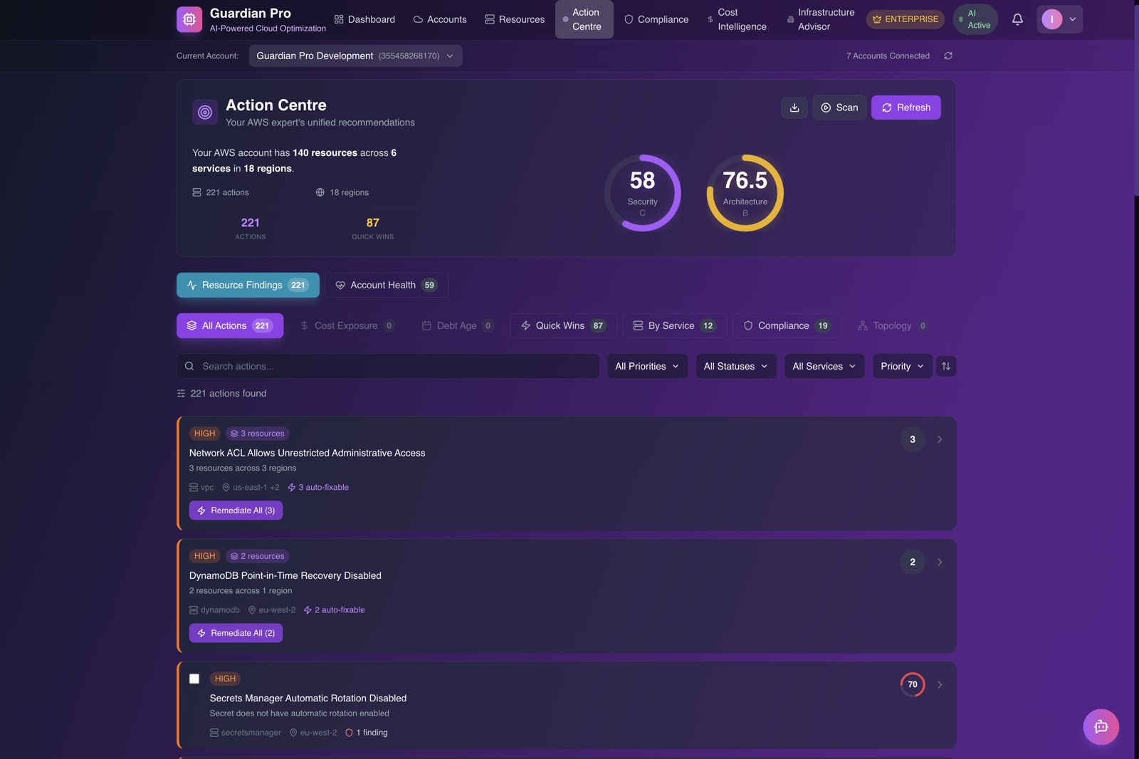 Action Centre showing prioritised findings with lens views and bulk operations