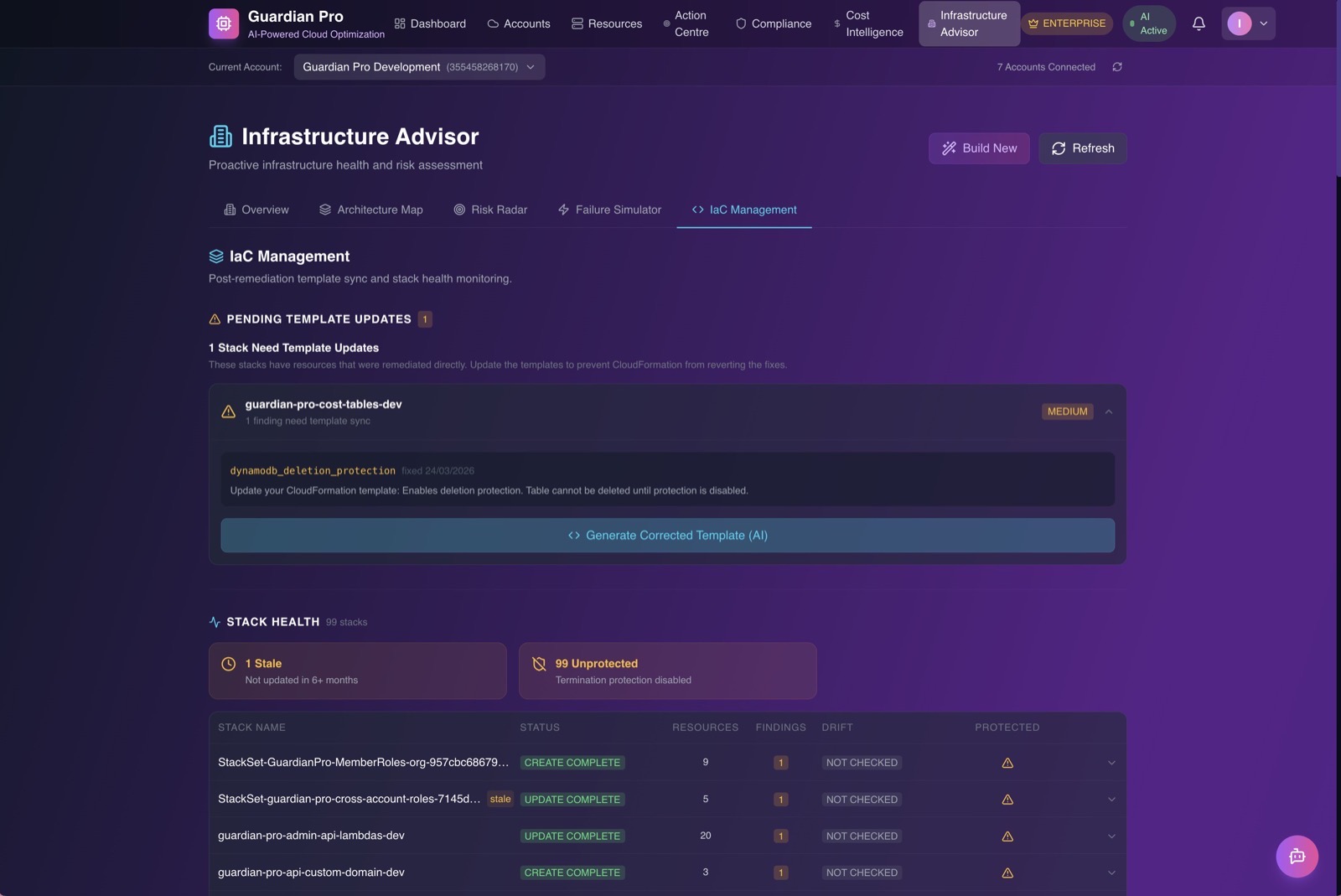 IaC Governance showing pending template updates and stack health