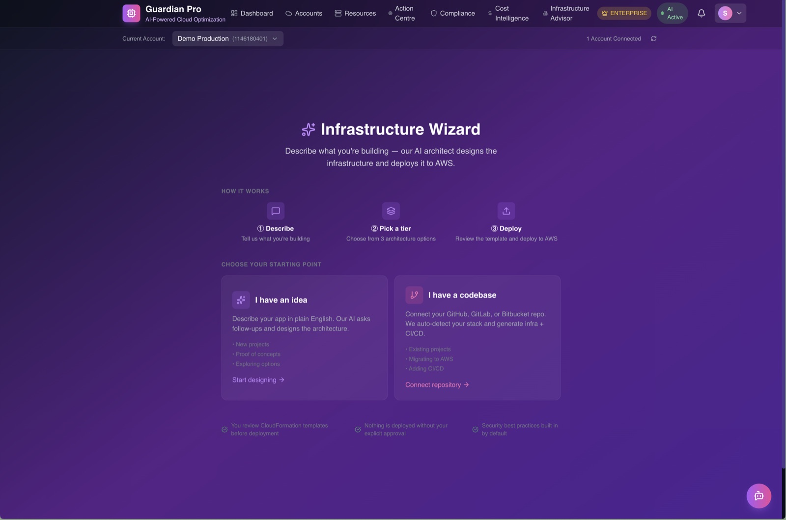 Repository scanner results showing detected languages, frameworks, and infrastructure needs